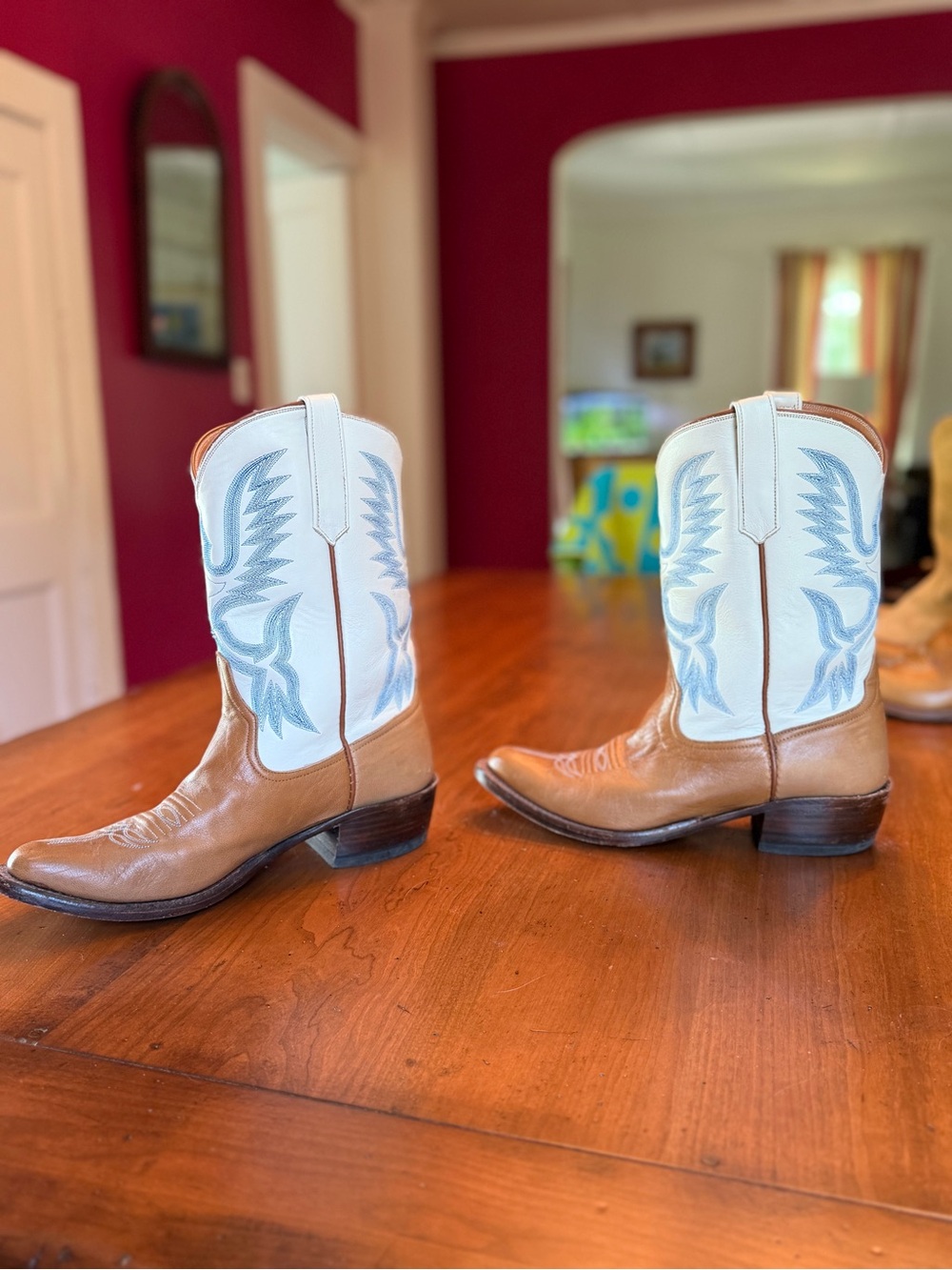 Miron Crosby Samantha Leather Cowboy Boots in Light Blue, cream, and Tan - Picture 3 of 15
